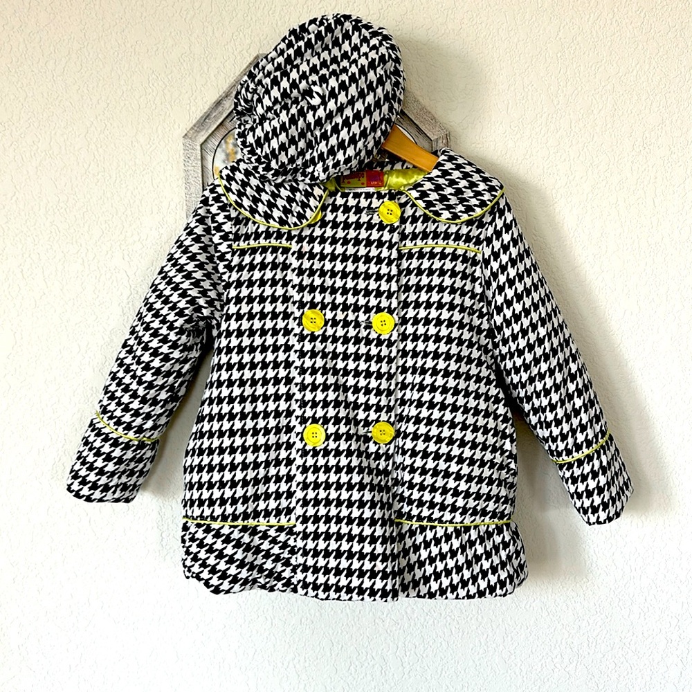 Penelope Mack • Black and White Houndstooth Thick Plush Coat with Matching Beret